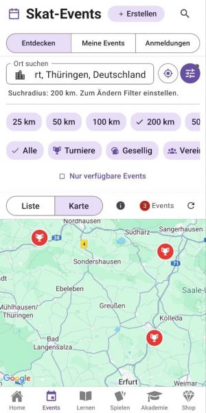 Verschiedene Suchfilter für Skat-Events
